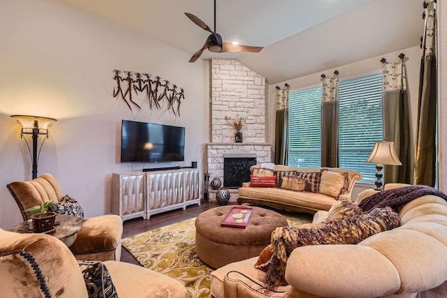 433 Stoney Point Rd, Austin, TX 78737 - living room with vaulted ceiling, ceiling fan, wood finished floors, and a fireplace