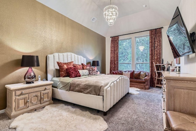 433 Stoney Point Rd, Austin, TX 78737 - bedroom featuring light carpet, a chandelier, lofted ceiling, and a textured wall