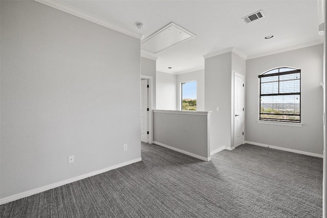 4000 Ranch Road 620 N Unit 8, Austin, TX 78734 - unfurnished room featuring attic access, ornamental molding, plenty of natural light, dark colored carpet, and baseboards