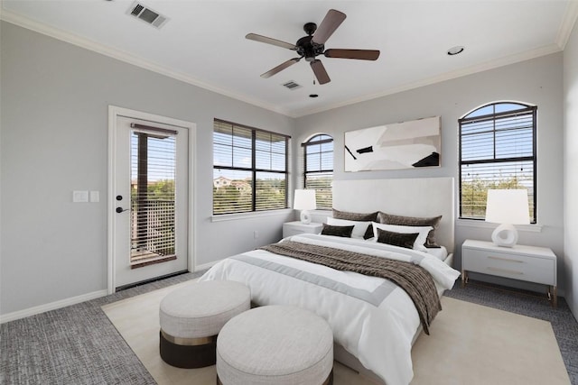 4000 Ranch Road 620 N Unit 8, Austin, TX 78734 - bedroom featuring access to outside, carpet, ornamental molding, baseboards, and a ceiling fan