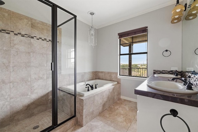4000 Ranch Road 620 N Unit 8, Austin, TX 78734 - bathroom featuring a garden tub, a shower stall, double vanity, crown molding, and tile patterned flooring