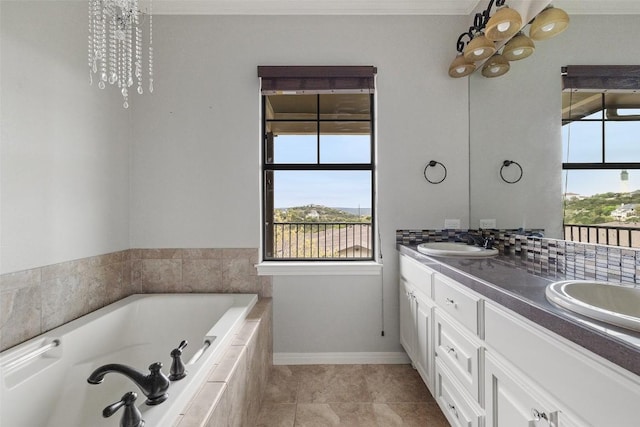 4000 Ranch Road 620 N Unit 8, Austin, TX 78734 - full bath featuring double vanity, a jetted tub, baseboards, tile patterned floors, and a chandelier