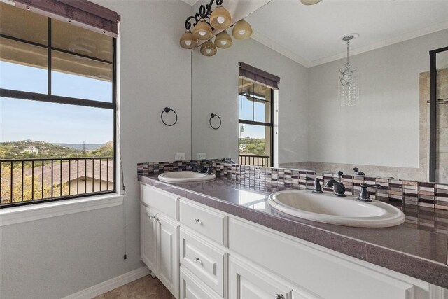 4000 Ranch Road 620 N Unit 8, Austin, TX 78734 - full bath with double vanity, crown molding, a chandelier, and baseboards