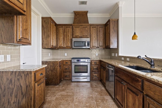 4000 Ranch Road 620 N Unit 8, Austin, TX 78734 - kitchen with stainless steel appliances, a sink, light stone counters, tasteful backsplash, and crown molding
