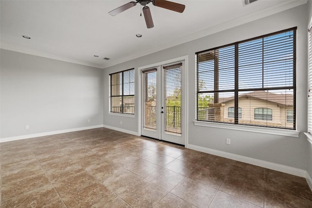 4000 Ranch Road 620 N Unit 8, Austin, TX 78734 - unfurnished room with ornamental molding, baseboards, tile patterned flooring, a ceiling fan, and french doors