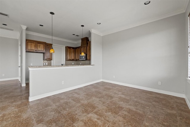 4000 Ranch Road 620 N Unit 8, Austin, TX 78734 - kitchen with ornamental molding, backsplash, pendant lighting, stainless steel microwave, and baseboards