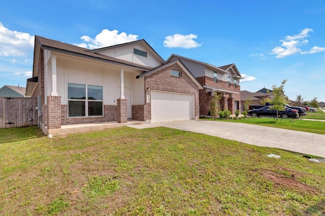 219 George Neggan Ln, Bastrop, TX 78602 - view of front of house featuring concrete driveway, fence, a front yard, brick siding, and a garage