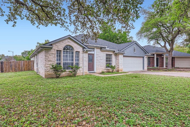 ranch-style house featuring driveway, a garage, fence, and a front lawn