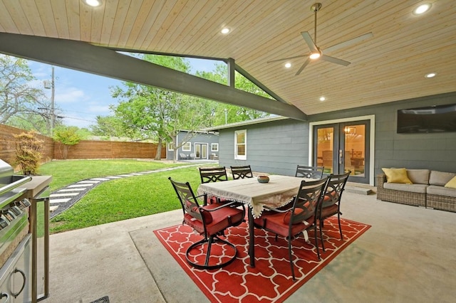 7511 Saint Cecelia St, Austin, TX 78757 - view of patio / terrace featuring outdoor dining area, a ceiling fan, and french doors