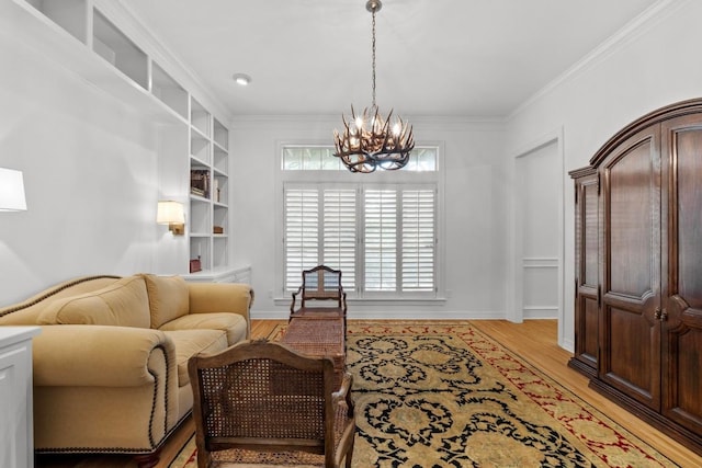 5305 Cuesta Verde, Austin, TX 78746 - living room featuring a chandelier, light wood-type flooring, and crown molding
