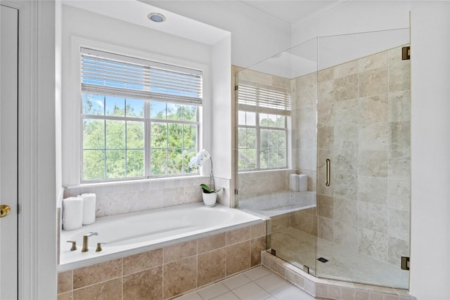 5305 Cuesta Verde, Austin, TX 78746 - full bathroom with a bath, a stall shower, crown molding, and tile patterned floors