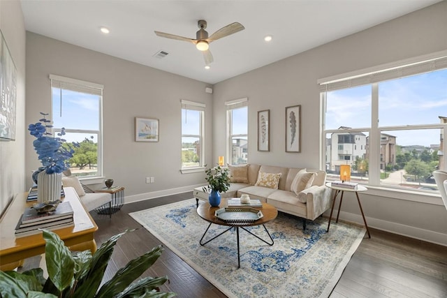 4501 Jackson Ave Unit 5205, Austin, TX 78731 - living room with healthy amount of natural light, baseboards, ceiling fan, recessed lighting, and wood finished floors