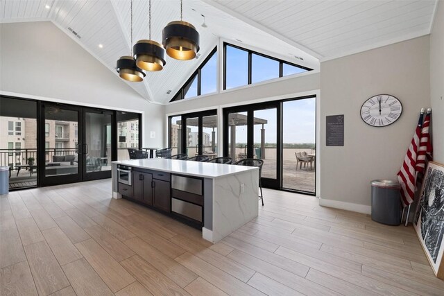 4501 Jackson Ave Unit 5205, Austin, TX 78731 - kitchen with french doors, light wood-style floors, pendant lighting, high vaulted ceiling, and wooden ceiling