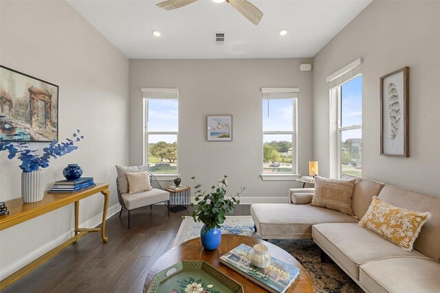 4501 Jackson Ave Unit 5205, Austin, TX 78731 - living room featuring dark wood-style floors, baseboards, ceiling fan, and recessed lighting