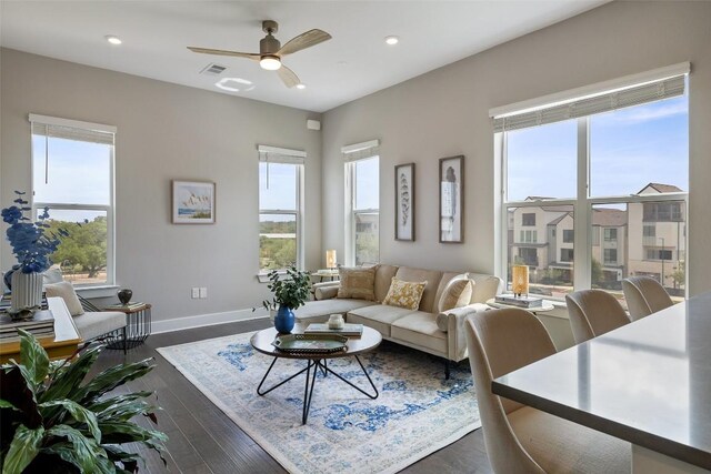 4501 Jackson Ave Unit 5205, Austin, TX 78731 - living area with a ceiling fan, dark wood-type flooring, recessed lighting, and baseboards
