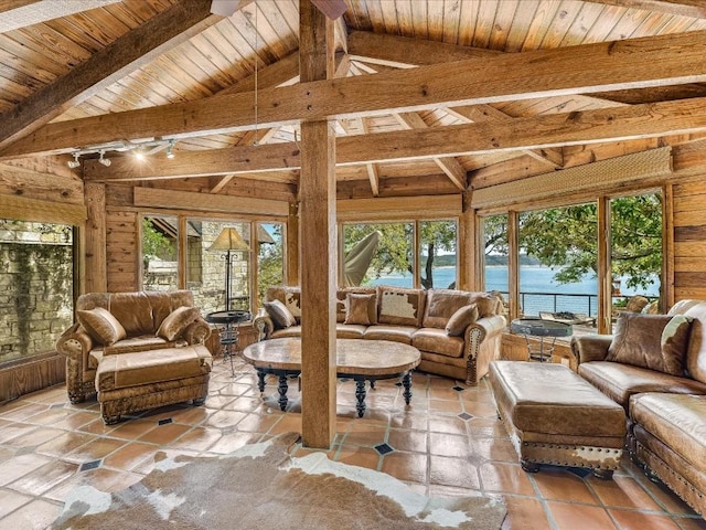 living area with wooden ceiling, vaulted ceiling with beams, a water view, and wood walls