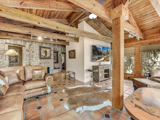 living area featuring track lighting, lofted ceiling with beams, and wooden ceiling