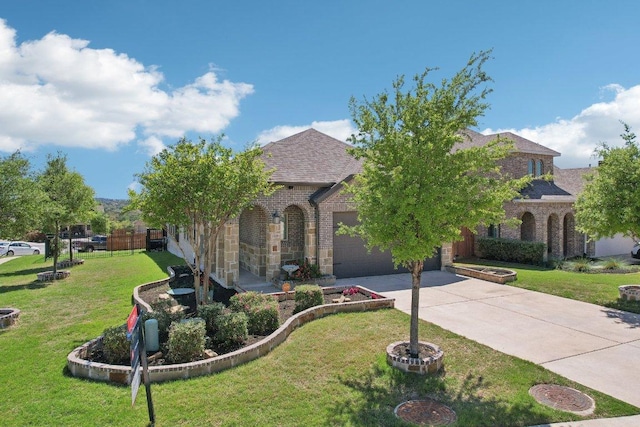view of front of property featuring a front yard, stone siding, a garage, brick siding, and driveway