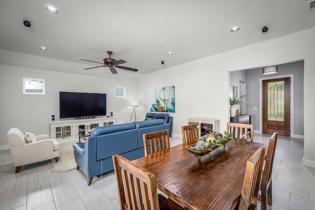 dining space featuring a ceiling fan, recessed lighting, baseboards, and visible vents