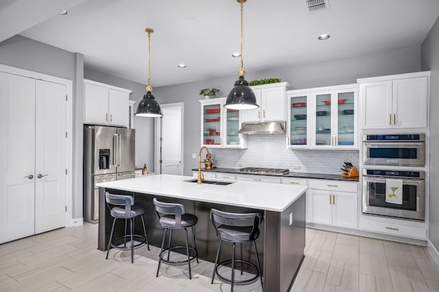 kitchen featuring tasteful backsplash, stainless steel appliances, under cabinet range hood, a sink, and visible vents