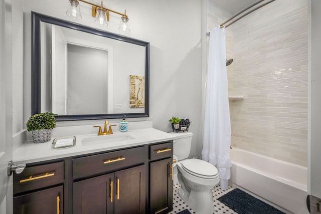 full bath featuring shower / bath combination with curtain, toilet, and vanity