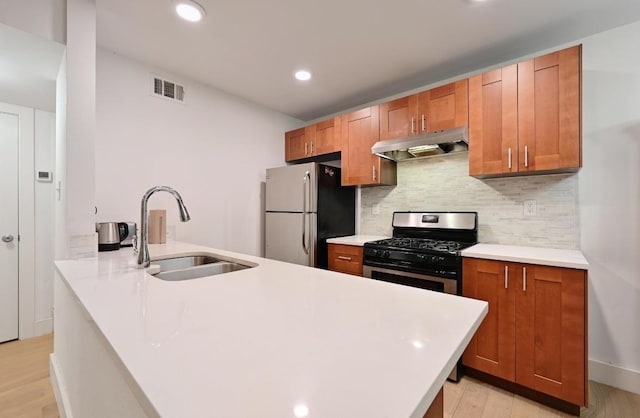 5820 Berkman Dr Unit 119, Austin, TX 78723 - kitchen featuring under cabinet range hood, a sink, appliances with stainless steel finishes, light wood-style flooring, and tasteful backsplash
