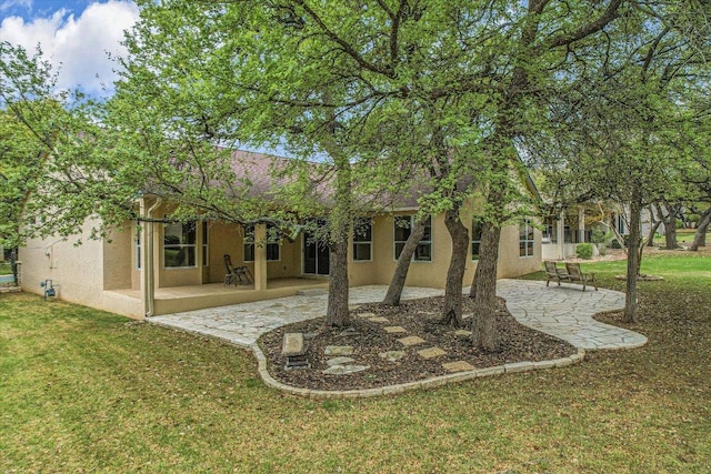 202 Whippoorwill Cv, Georgetown, TX 78633 - back of house featuring stucco siding, a patio, and a lawn