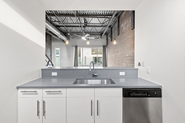 4801 S Congress Ave Unit H2, Austin, TX 78745 - kitchen with stainless steel dishwasher, white cabinets, decorative backsplash, and dark countertops