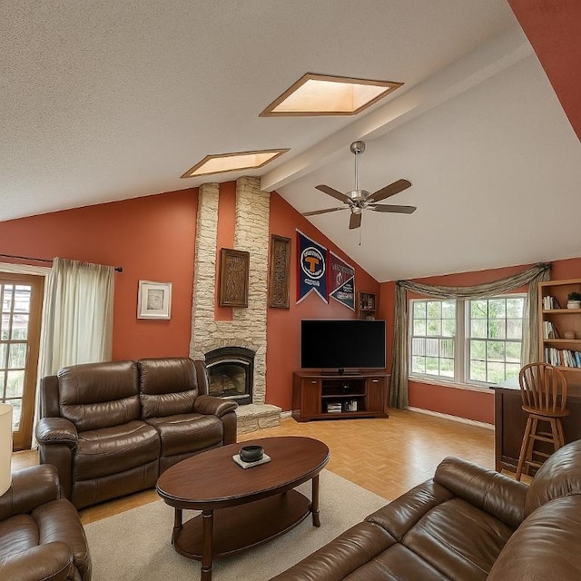 407 Trumpet Vine Trl, Cedar Park, TX 78613 - living area with a skylight, a fireplace, and a ceiling fan