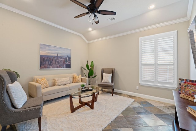 3985 Sapphire Loop, Round Rock, TX 78681 - living room with lofted ceiling, ornamental molding, baseboards, ceiling fan, and visible vents