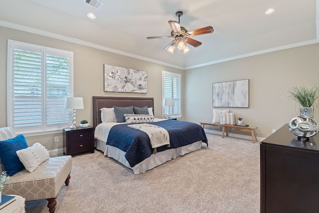 3985 Sapphire Loop, Round Rock, TX 78681 - bedroom featuring crown molding, light carpet, baseboards, visible vents, and recessed lighting