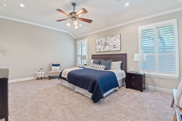 3985 Sapphire Loop, Round Rock, TX 78681 - bedroom featuring baseboards, ornamental molding, recessed lighting, vaulted ceiling, and light colored carpet
