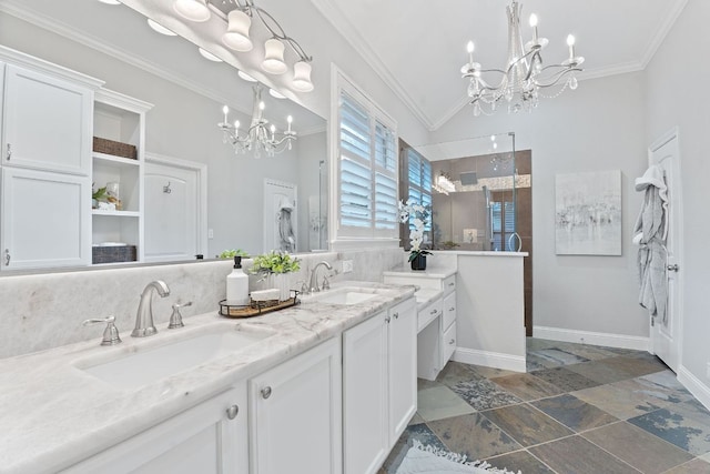 3985 Sapphire Loop, Round Rock, TX 78681 - bathroom with double vanity, ornamental molding, a sink, and an inviting chandelier