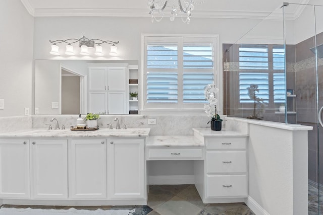 3985 Sapphire Loop, Round Rock, TX 78681 - bathroom with double vanity, a sink, crown molding, and a shower stall