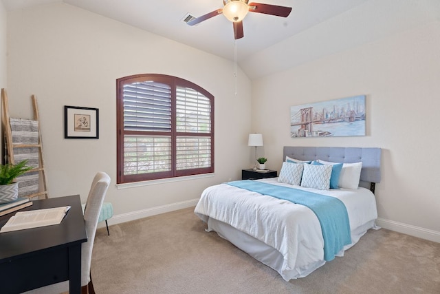 3985 Sapphire Loop, Round Rock, TX 78681 - carpeted bedroom with baseboards, visible vents, vaulted ceiling, and a ceiling fan