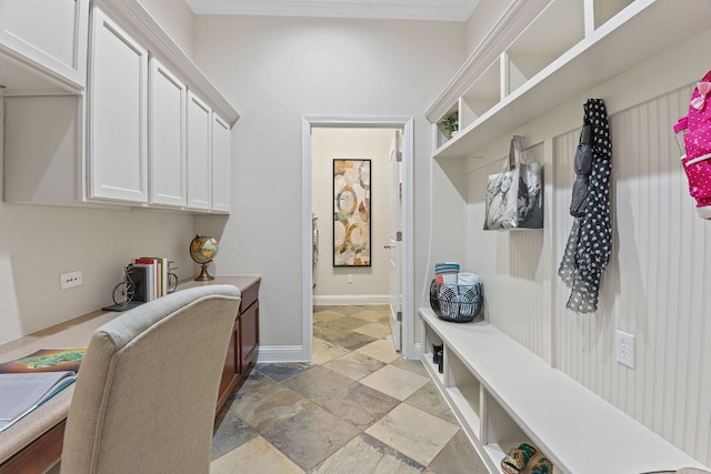 3985 Sapphire Loop, Round Rock, TX 78681 - mudroom featuring stone finish floor, baseboards, and ornamental molding