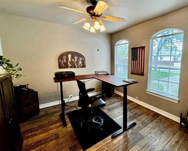 30105 Meadow Greens Dr, Georgetown, TX 78628 - office with a ceiling fan and wood-type flooring