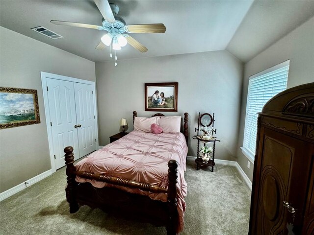 30105 Meadow Greens Dr, Georgetown, TX 78628 - carpeted bedroom featuring a ceiling fan, a closet, and lofted ceiling
