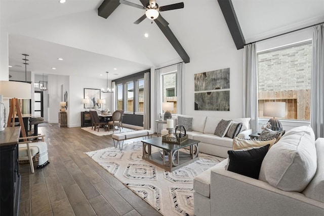 523 Jane Long, San Marcos, TX 78666 - living room with a chandelier, dark wood-style flooring, ceiling fan, recessed lighting, and baseboards