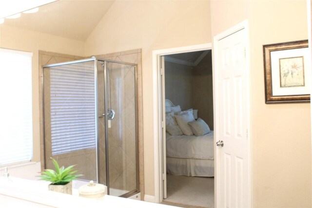 2718 Sun Mountain Dr, Leander, TX 78641 - ensuite bathroom with a shower stall and vaulted ceiling