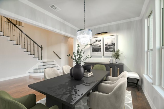17100 Yellowstar Dr, Austin, TX 78738 - dining area featuring stairway, wood finished floors, a chandelier, and baseboards