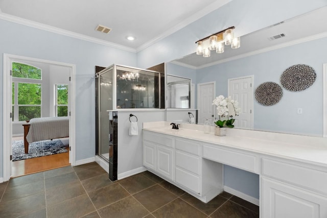 10408 Medinah Greens Dr, Austin, TX 78717 - ensuite bathroom with a chandelier, ornamental molding, a stall shower, vanity, and baseboards