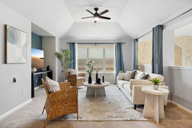 10408 Medinah Greens Dr, Austin, TX 78717 - living room featuring vaulted ceiling, a ceiling fan, carpet, and baseboards