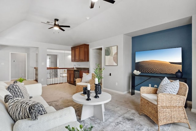 10408 Medinah Greens Dr, Austin, TX 78717 - living area featuring a ceiling fan, light carpet, baseboards, and vaulted ceiling