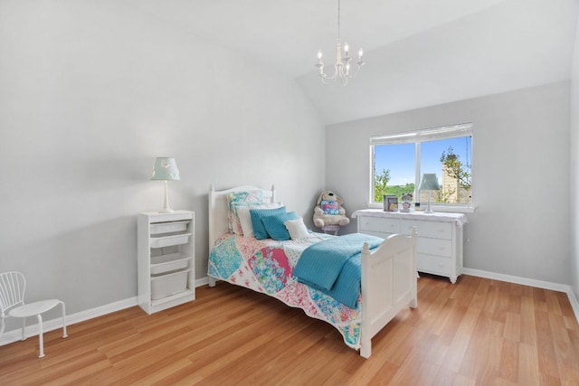 10408 Medinah Greens Dr, Austin, TX 78717 - bedroom featuring light wood finished floors, baseboards, a chandelier, and lofted ceiling