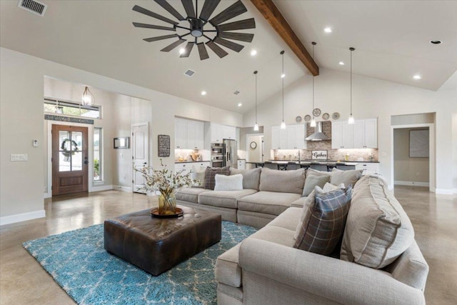 909 Highland Spring Ln, Georgetown, TX 78633 - living area with a ceiling fan, beam ceiling, high vaulted ceiling, baseboards, and recessed lighting