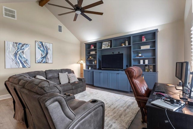 909 Highland Spring Ln, Georgetown, TX 78633 - living area with ceiling fan, wood finished floors, beam ceiling, an office area, and high vaulted ceiling