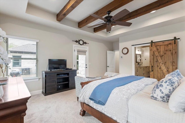 909 Highland Spring Ln, Georgetown, TX 78633 - bedroom with a barn door, beam ceiling, light colored carpet, multiple windows, and baseboards