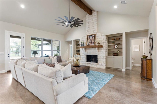 909 Highland Spring Ln, Georgetown, TX 78633 - living room with a ceiling fan, baseboards, beamed ceiling, built in features, and high vaulted ceiling
