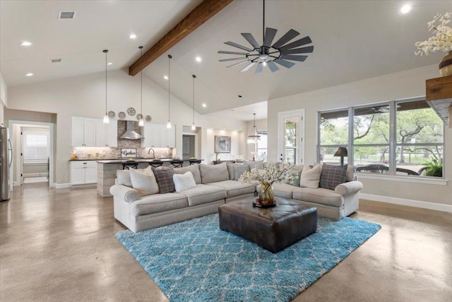 909 Highland Spring Ln, Georgetown, TX 78633 - living area featuring concrete floors, high vaulted ceiling, beamed ceiling, a ceiling fan, and baseboards